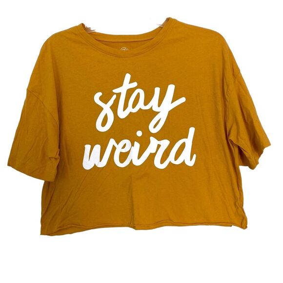 Arizona Jean Co Mustard Yellow Stay Weird Graphic Cropped Short Sleeve Top M/L - Picture 1 of 3